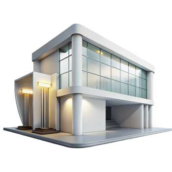 extraordinary artistic A modern art museum with sleek white walls and large glass windows, illuminated by the bright sunlight and spotlights, in a minimalist, architectural style original png