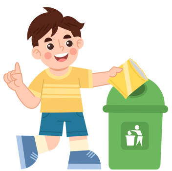 Illustration of boy disposing of waste in green bin png