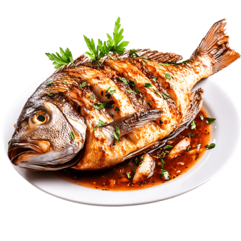 Grilled Whole Fish with Herbs and Garnish Plate for Culinary Presentation png