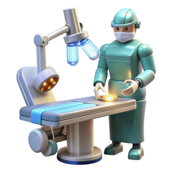 beautiful contemporary A robotic surgeon performing a delicate operation, illuminated by surgical lights, in a medical illustration style detailed png