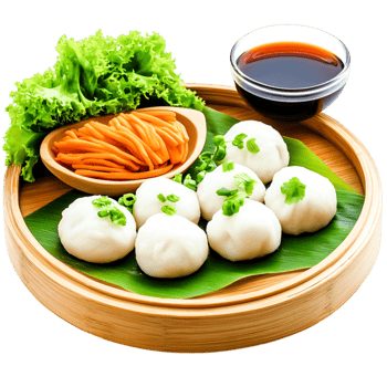 Freshly Steamed Dumplings with Vegetables and Soy Sauce on Bamboo Tray png