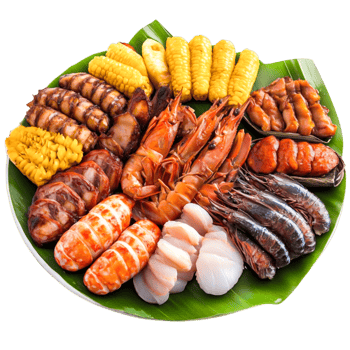 Vibrant Assortment of Grilled Seafood and Corn Leafy Plate png