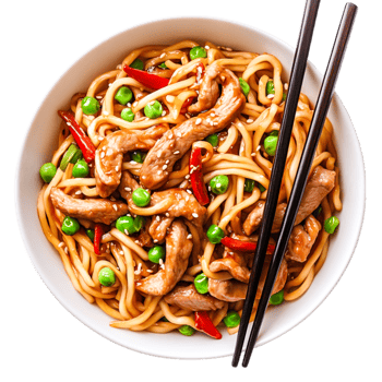 Delicious Chicken Stir Fry Noodles with Veggies and Chopsticks in Bowl png