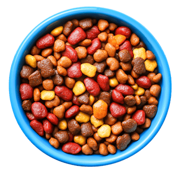 Colorful Dog Food Kibble in Blue Bowl for Pet Nutrition and Care png