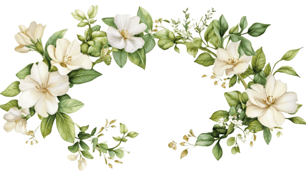 A wreath of white flowers and leaves png