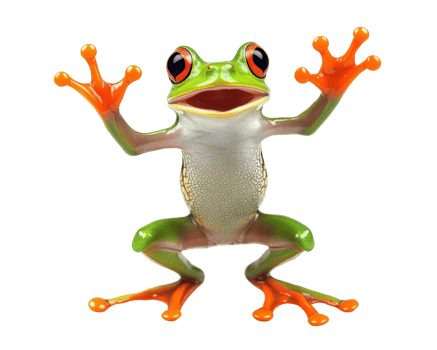 vibrant green frog with orange limbs and large red eyes, showcasing playful pose. This colorful amphibian is perfect for nature themed projects png