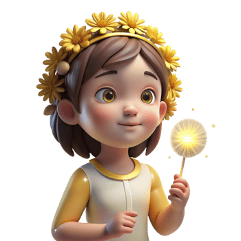 impressive artistic Portrait of a little girl wearing a flower crown, holding a dandelion, lit by golden hour sunlight, in a whimsical style genuine png