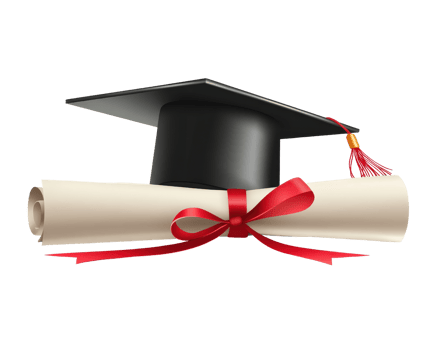 A graduation cap and diploma with red ribbon png