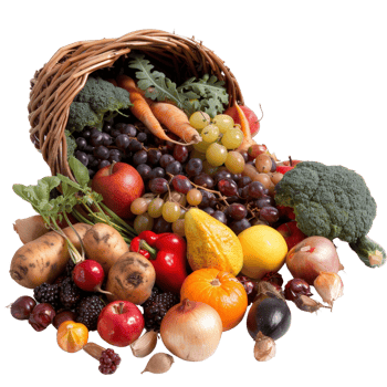 Fresh and Vibrant Vegetables and Fruits Spilling from a Rustic Basket on White Background png