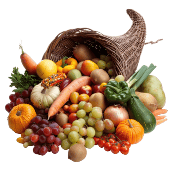 Abundant Collection of Fresh Fruits and Vegetables in Cornucopia Arrangement for Harvest Season png