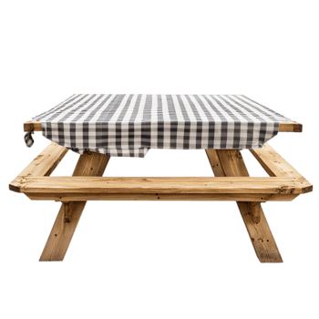 Family-style picnic table covered with checkered cloth for gatherings isolated on transparent background png