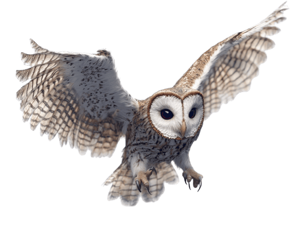 Majestic owl in flight with outstretched wings, showcasing intricate feather patterns and striking eyes. symbol of wisdom and mystery in nature png