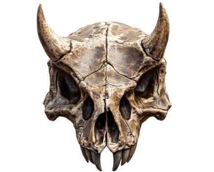 Ancient bull skull with prominent horns, showcasing intricate details and textures, perfect for artistic or educational purposes png