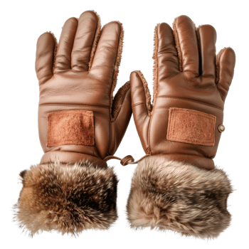 Elegant brown leather gloves with fur trim for winter fashion and outdoor activities png