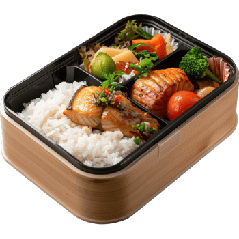 Delicious Japanese Bento Box with Salmon, Rice, Fresh Vegetables, and Colorful Presentation png