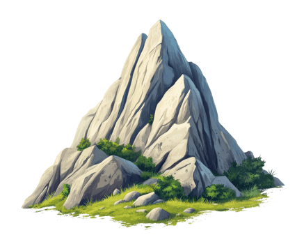 A cartoon mountain with grass and rocks png
