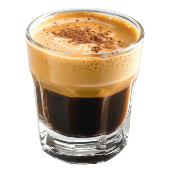 Creamy espresso drink with frothy top and chocolate dust on a wooden table background png