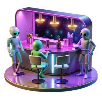 extraordinary rustic A futuristic bar scene with alien patrons and holographic dancers, bathed in neon light. Lively, energetic lighting. Cyberpunk style genuine png