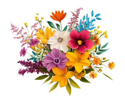 vibrant bouquet of colorful flowers including daisies, lilies, and wildflowers, creating cheerful and lively atmosphere. Perfect for spring and summer themes png