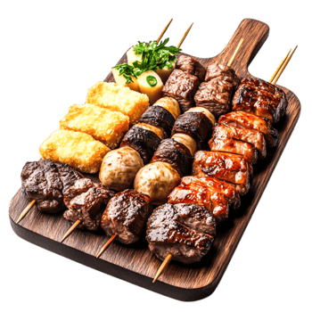 Delicious Variety of Grilled Skewers Served Wooden Platter png