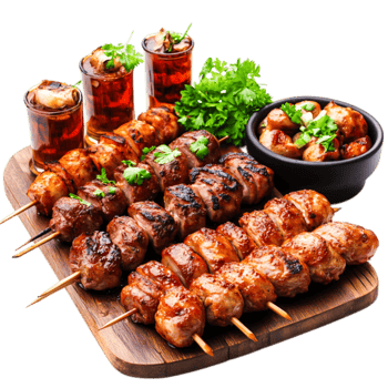 Delicious Grilled Skewers with Spicy Sauces and Refreshing Drinks on Board png