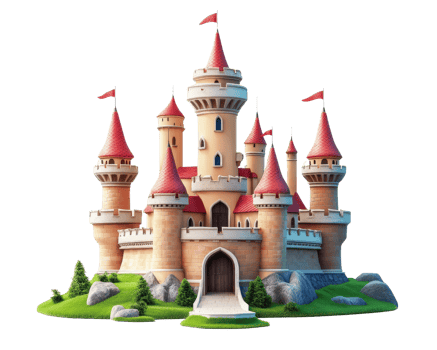 colorful fantasy castle with red roofs, surrounded by greenery and rocks, evokes sense of adventure and magic. Perfect for children themes and storytelling png