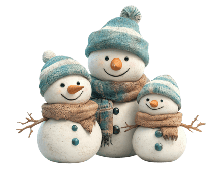 Three snowmen wearing hats and scarves png