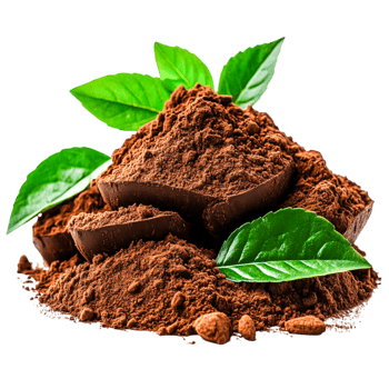 Rich Cocoa Powder with Chocolate Pieces and Fresh Green Leaves png
