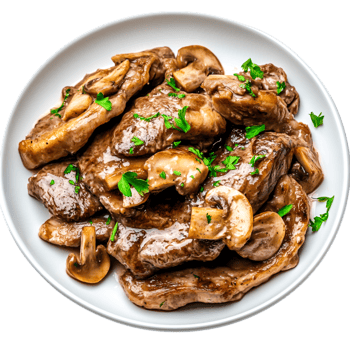 Succulent Beef Steak with Mushrooms and Fresh Parsley Garnish png