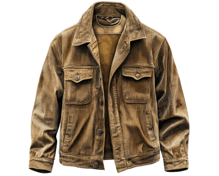 Corduroy jacket in brown color with two front pockets and button closure, perfect for casual wear and outdoor activities png