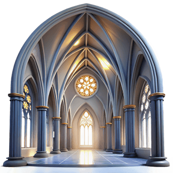 wonderful modern Gothic cathedral interior, towering arches, stained glass rose window, ethereal light beams, hyperrealistic, detailed textures original png