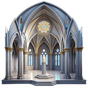 beautiful minimalist Gothic cathedral interior, towering arches, stained glass rose window, ethereal light beams, hyperrealistic, detailed textures high resolution png