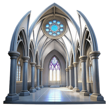 beautiful traditional Gothic cathedral interior, towering arches, stained glass rose window, ethereal light beams, hyperrealistic, detailed textures 4K png