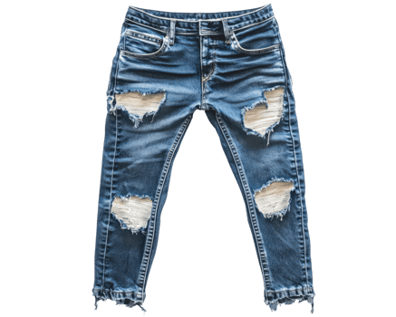 Ripped blue jeans with distressed details and frayed hems, showcasing trendy style. Perfect for casual outfits and streetwear fashion png