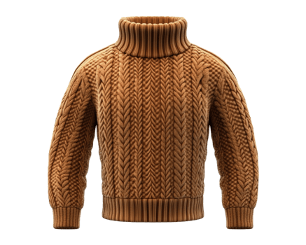 Cozy brown turtleneck sweater with textured knit pattern, perfect for winter fashion. Ideal for layering and keeping warm during cold weather png