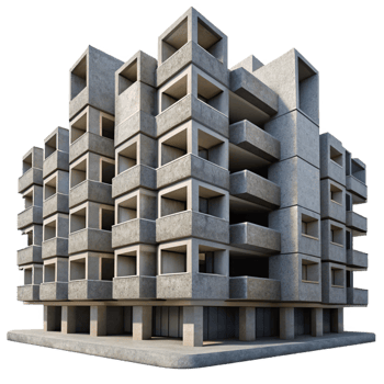 wonderful artistic Brutalist concrete apartment block, repetitive geometric patterns, harsh shadows, overcast sky, documentary photography style detailed png