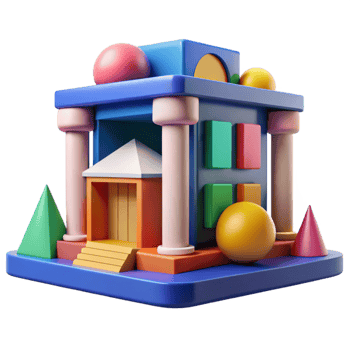 impressive minimalist Postmodern library, colorful geometric shapes, playful design, bright daylight, cartoon style professional png