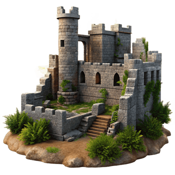 serene vintage Medieval castle ruins, crumbling stone walls, overgrown vegetation, dramatic sunset, historical painting genuine png