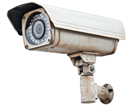 weathered security camera mounted on wall, showcasing its worn exterior and lens. This surveillance device is essential for monitoring and safety png