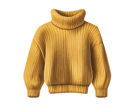 Cozy yellow turtleneck sweater with chunky knit design, perfect for autumn fashion. This stylish garment adds warmth and texture to any outfit png