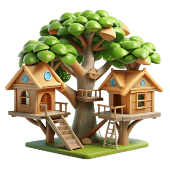 serene traditional Treehouse village, interconnected wooden structures, lush foliage, dappled sunlight, whimsical illustration 4K png