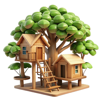extraordinary classic Treehouse village, interconnected wooden structures, lush foliage, dappled sunlight, whimsical illustration original png