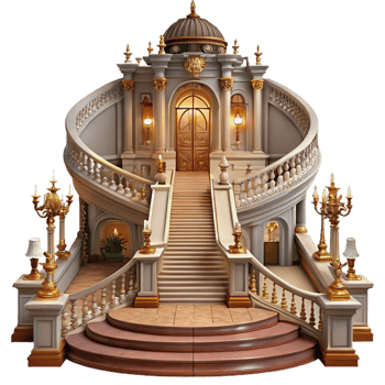 magnificent rustic Baroque palace, grand staircase, ornate chandeliers, lavish decorations, warm candlelight, historical painting premium png