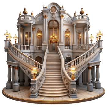 vibrant abstract Baroque palace, grand staircase, ornate chandeliers, lavish decorations, warm candlelight, historical painting professional png