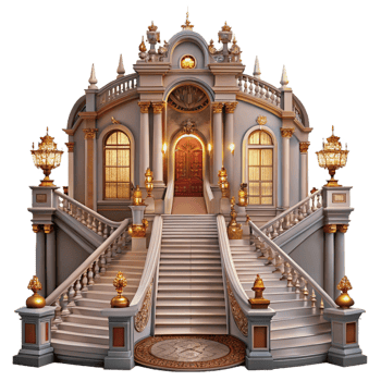 beautiful vintage Baroque palace, grand staircase, ornate chandeliers, lavish decorations, warm candlelight, historical painting 4K png