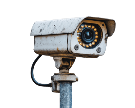 weathered security camera mounted on pole, featuring LED lights for night vision. It symbolizes surveillance and safety in urban environments png