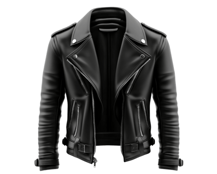 Stylish black leather biker jacket with zippers and classic design, perfect for bold fashion statement png