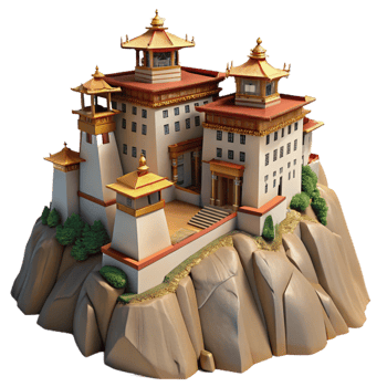 impressive traditional Mountaintop monastery, traditional stone construction, panoramic mountain views, clear daylight, photorealistic render authentic png