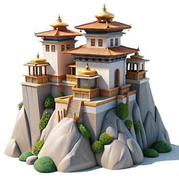 magnificent creative Mountaintop monastery, traditional stone construction, panoramic mountain views, clear daylight, photorealistic render detailed png