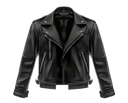 Stylish black leather biker jacket with zippers and pockets, perfect for bold look. Ideal for casual wear or night out png